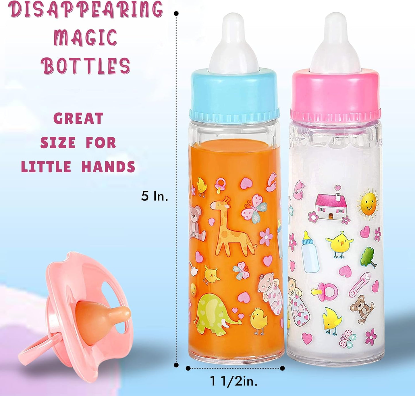 My Sweet Baby Disappearing Magic Bottles Set - Includes 1 Milk Bottle, 1 Juice Bottle, and Pacifier for Baby Doll (Colorful)