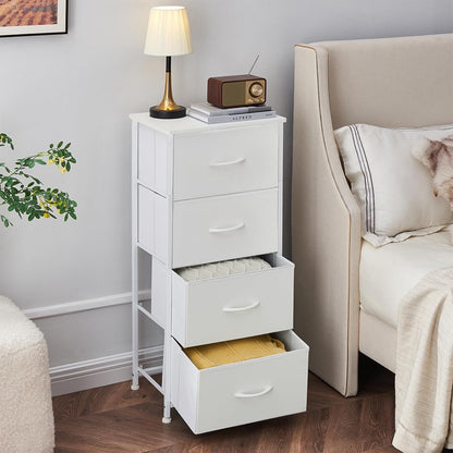 Tall Dresser for Bedroom, 4 Drawer Storage Organizer Chest of Drawers with Removable Fabric Bins - White Leather