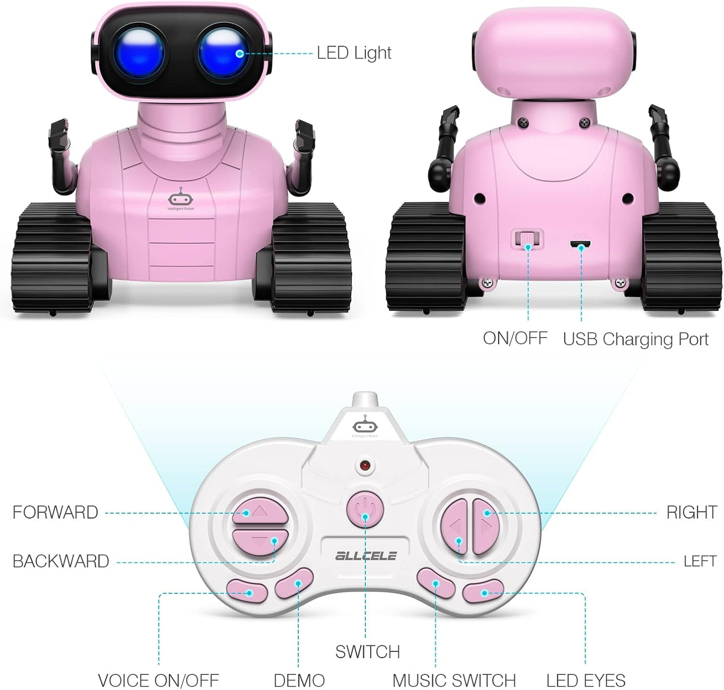 Rechargeable RC Robot Remote Control Toy with Music and LED Eyes, Gift for Children Age 3+ Pink