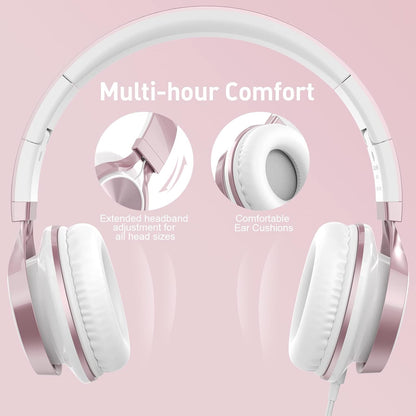 Rose Gold Wired On-Ear Headphones for Kids with Microphone, Adjustable and Foldable Design, Tangle-Free, Compatible with Chromebook and Laptop (3.5mm Jack)