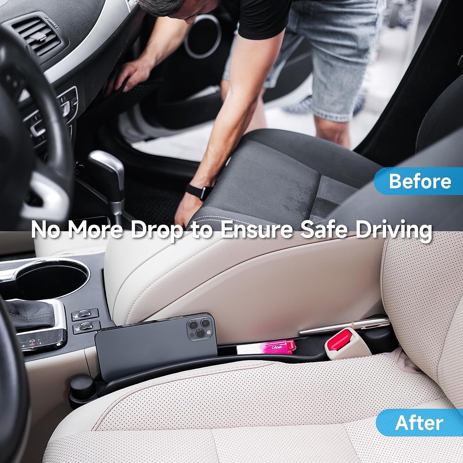 Multifunctional Car Seat Gap Filler Set of 2 - Soft Foam Organizer with Hook Function - Universal Fit 