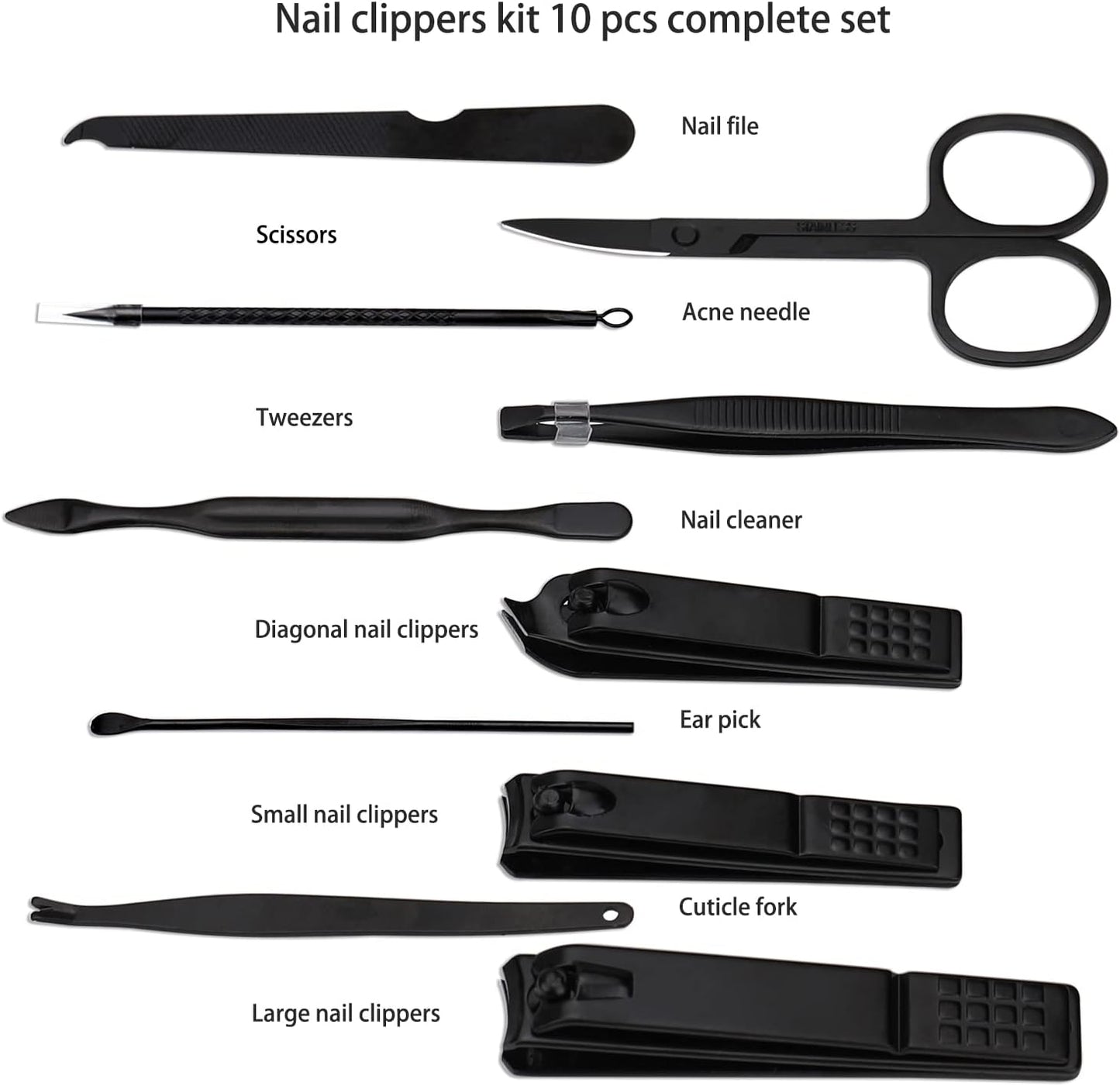 Professional 10-in-1 Stainless Steel Manicure Set with Leather Travel Case - Nail Clippers and Care Tools in Black