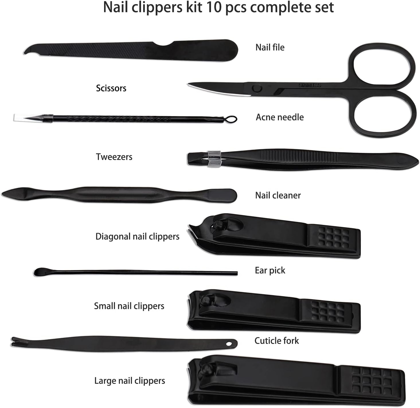 Professional 10-in-1 Stainless Steel Manicure Set with Leather Travel Case - Nail Clippers and Care Tools in Black