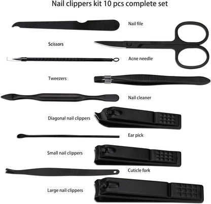 Professional 10-in-1 Stainless Steel Manicure Set with Leather Travel Case - Nail Clippers and Care Tools in Black