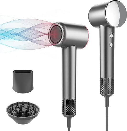 Hair Dryer with 110,000 RPM Brushless Motor, 1500W High-Speed Performance, Magnetic Nozzle & Diffuser - (Gray)