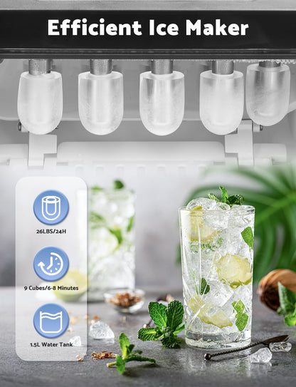 Countertop Ice Maker Machine - Produces 9 Ice Cubes in 6-8 Minutes, 26.5 lbs Daily Capacity, Self-Cleaning with Ice Scoop