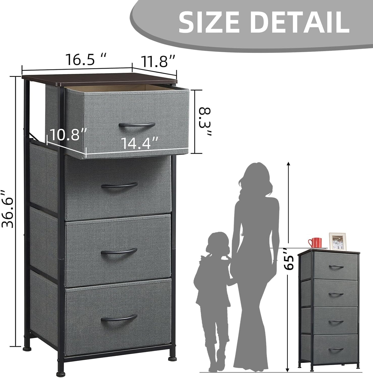 Tall Dresser for Bedroom, 4 Drawer Storage Organizer Chest of Drawers with Removable Fabric Bins for Living Room Closet Bedside Nursery Laundry Entryway Hallway, Charcoal Grey