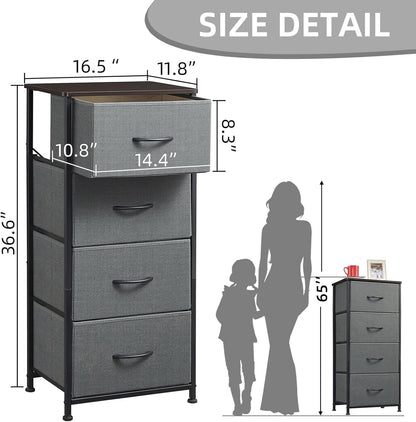 Tall Dresser for Bedroom, 4 Drawer Storage Organizer Chest of Drawers with Removable Fabric Bins for Living Room Closet Bedside Nursery Laundry Entryway Hallway, Charcoal Grey