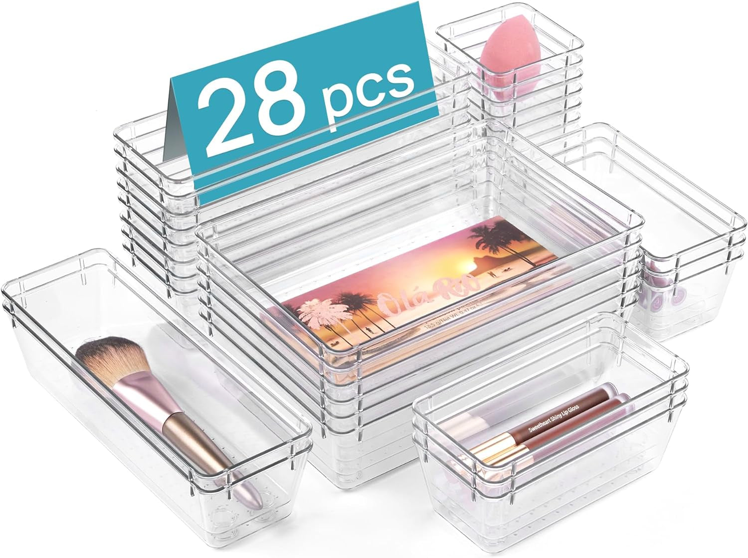 44-Piece Clear Plastic Drawer Organizer Set - Versatile Non-Slip Storage Trays
