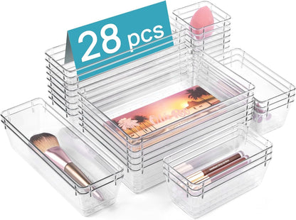 44-Piece Clear Plastic Drawer Organizer Set - Versatile Non-Slip Storage Trays