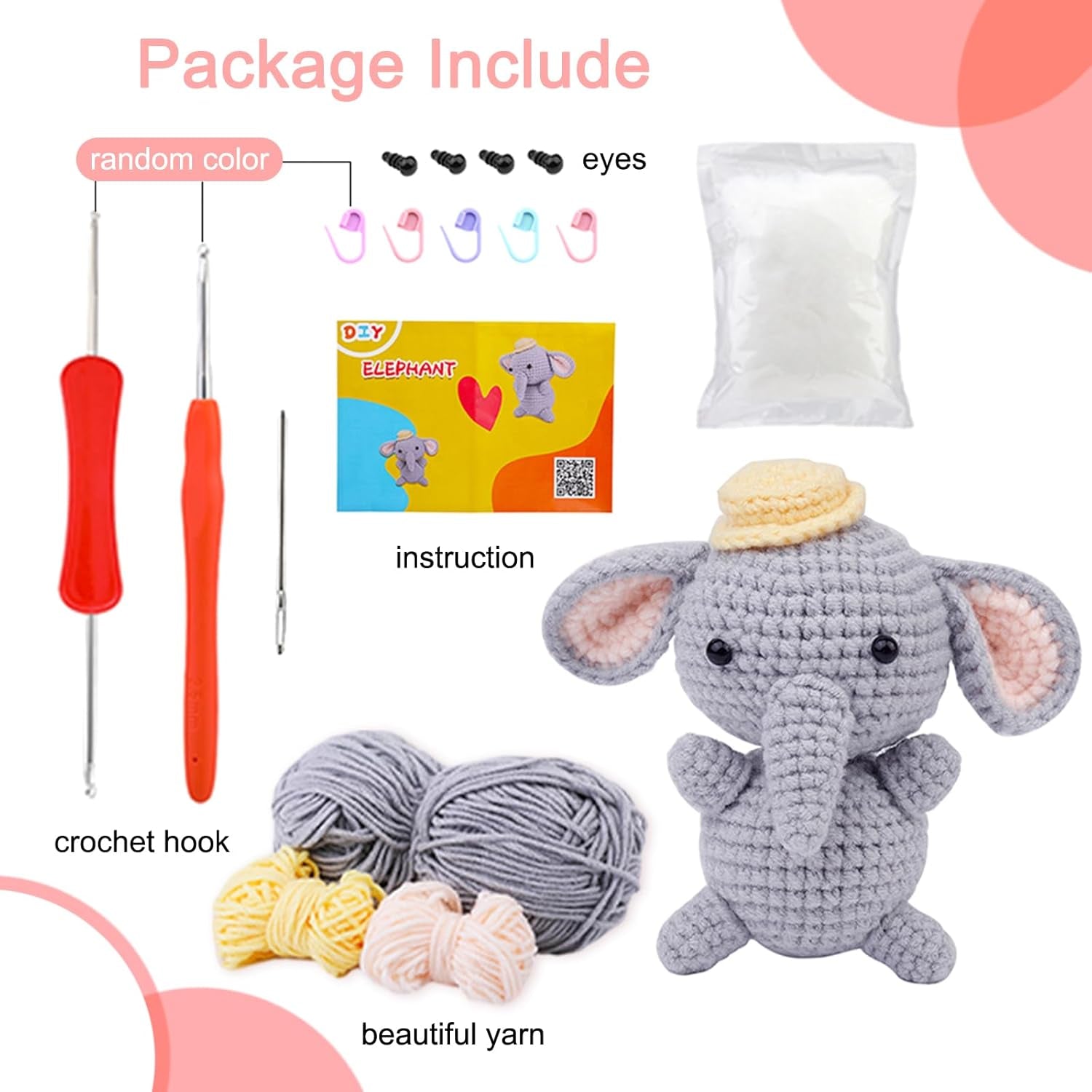 Beginner's Crochet Kit: DIY Elephant Crochet Set with Step-by-Step Video Tutorials - Ideal Knitting Gift for Kids and Adults