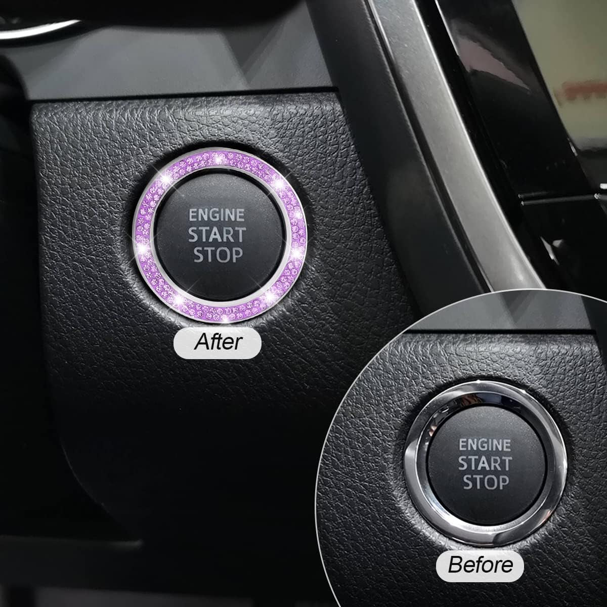 Crystal Rhinestone Engine Start Ring Decals - 2 Pack Push Start Button Covers, Key Ignition Knob Accessories, Sparkling Car Interior Decor for Women (Purple)
