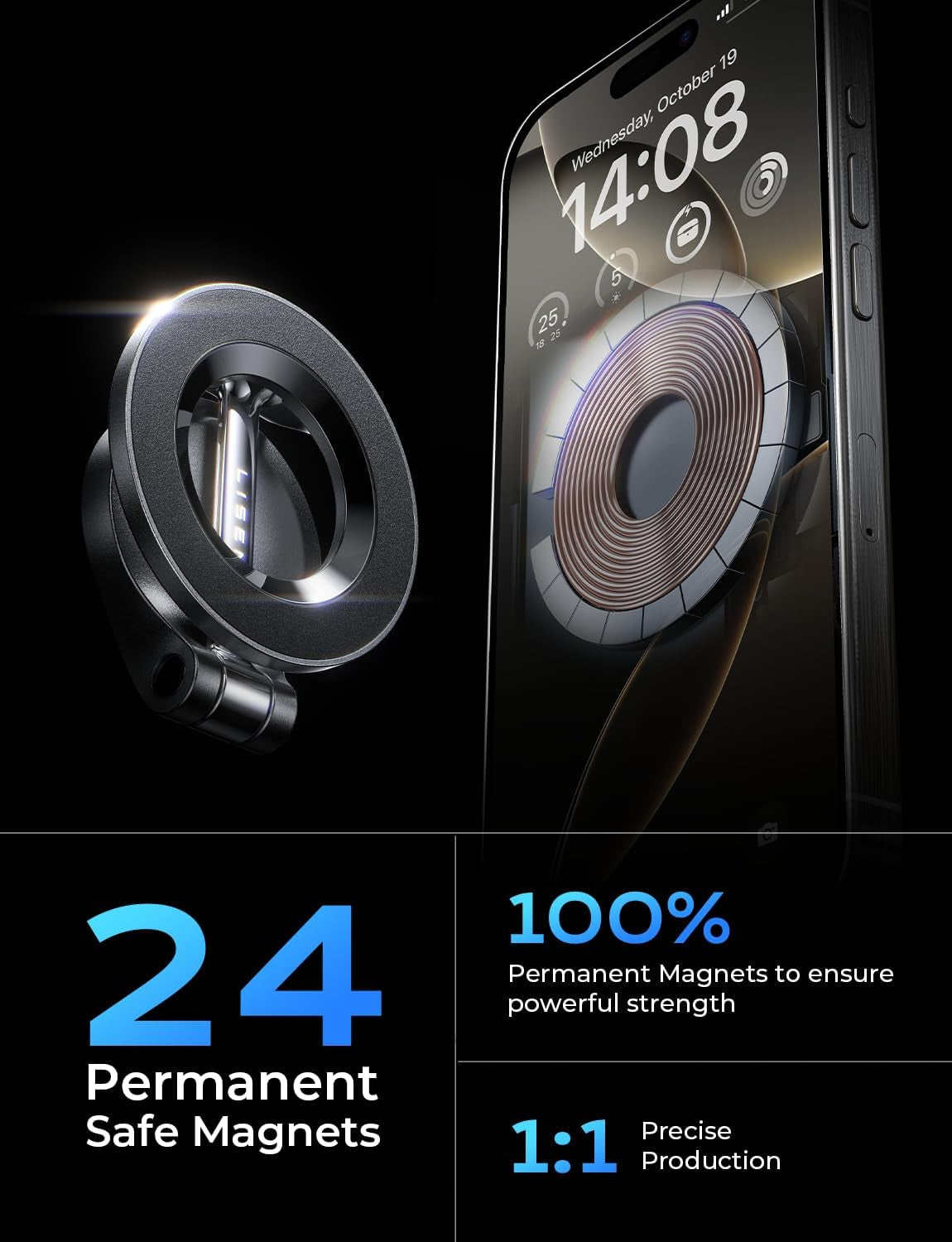 Car Mount - 24 Strong Magnets, 360° Rotating Magnetic Phone Holder -16 Pro Max, 15, 14, 13, 12, Compatible with MagSafe Cases