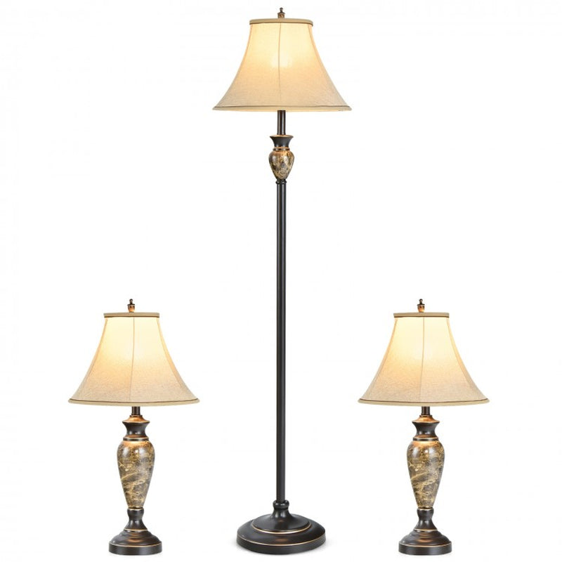 Three-Piece Table and Floor Lamp Set Featuring Linen Fabric Shades