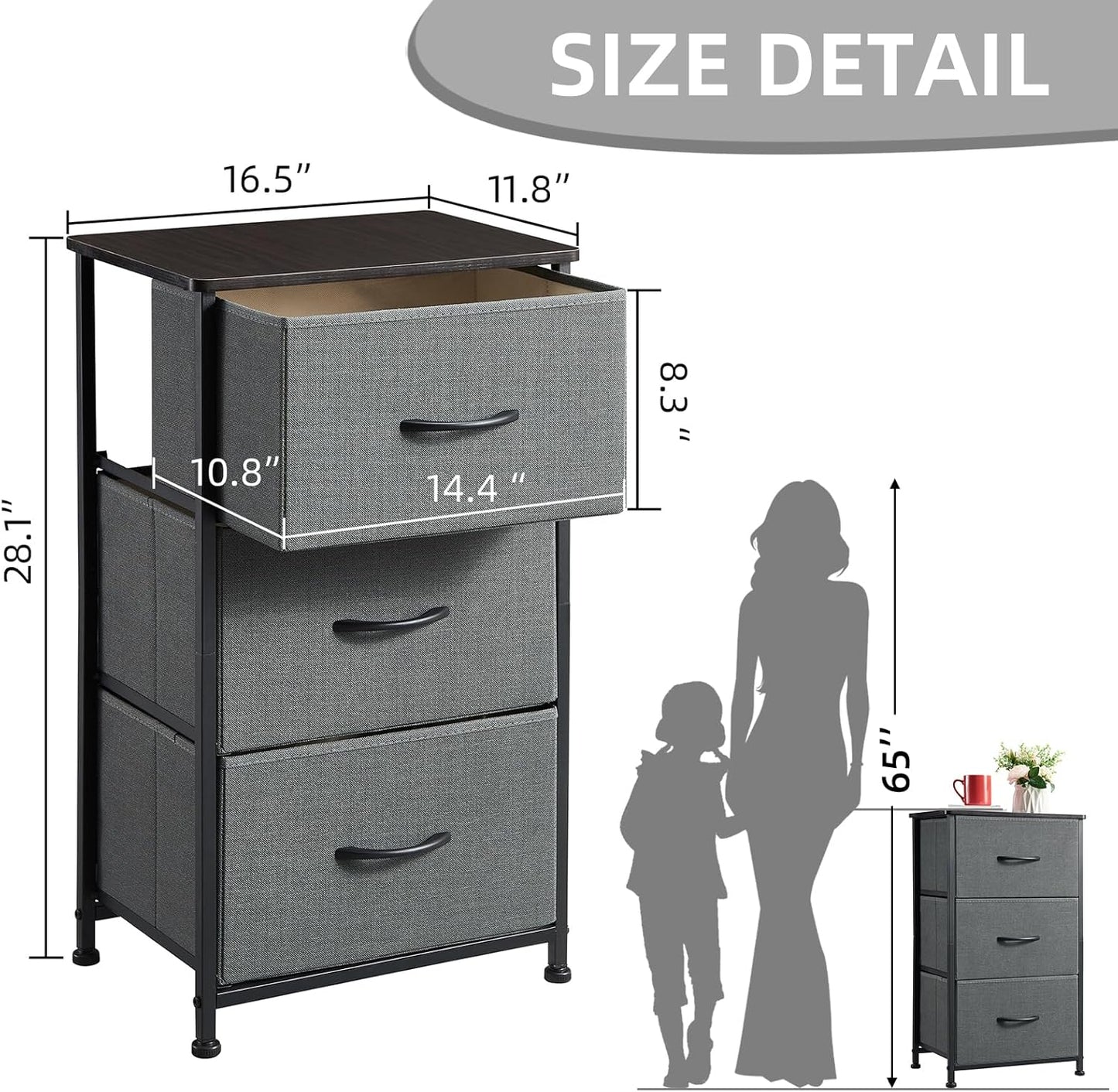 Nightstand with 3 Drawers, Small Dresser for Bedroom, Bedside Table Night Stand End Table with Fabric Bins for Bedroom Closet Dorm Kids Room, Charcoal Grey