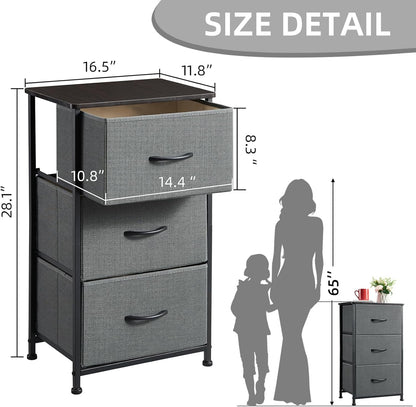 Nightstand with 3 Drawers, Small Dresser for Bedroom, Bedside Table Night Stand End Table with Fabric Bins for Bedroom Closet Dorm Kids Room, Charcoal Grey