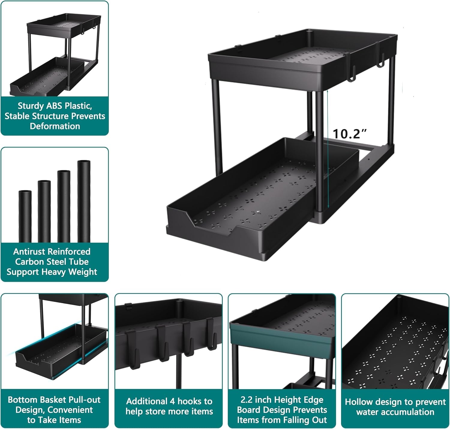 2-Tier Under-Sink Organizer Set with Sliding Baskets for Versatile Bathroom Storage, Black (2 Pack)