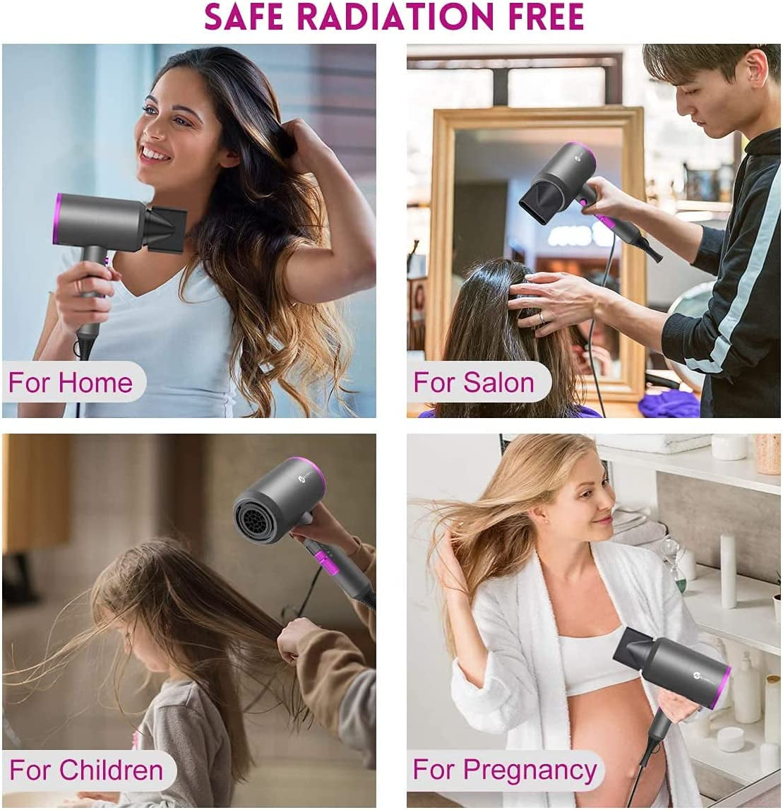 Ionic Hair Dryer - 1800W Professional Fast-Drying Blow Dryer with Low Noise, 2 Concentrator Nozzles, and 1 Diffuser Attachment