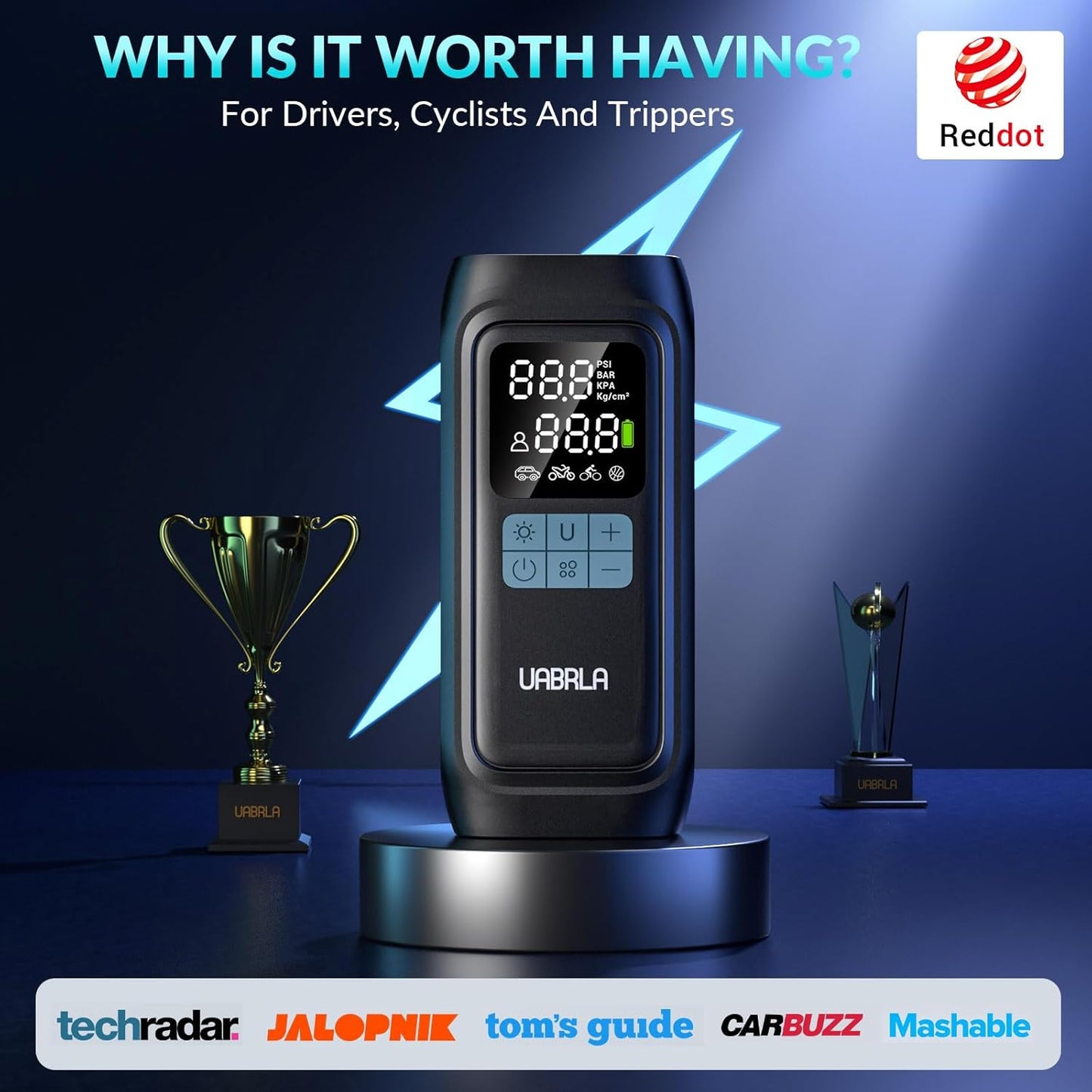 Portable Tire Inflator - Air Compressor, 150 PSI, 20,000 mAh Cordless Design, Automatic Shut-Off, Digital Gauge - Cars, Motorcycles, Sports Equipment