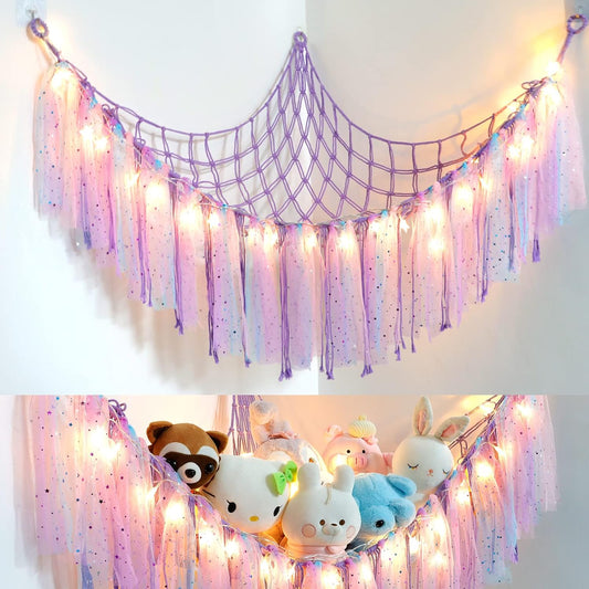 Stuffed Animals Storage - Fairy Lights, Toy Hammock, Hanging Storage Organizer, Holder with Lace Tassels 
