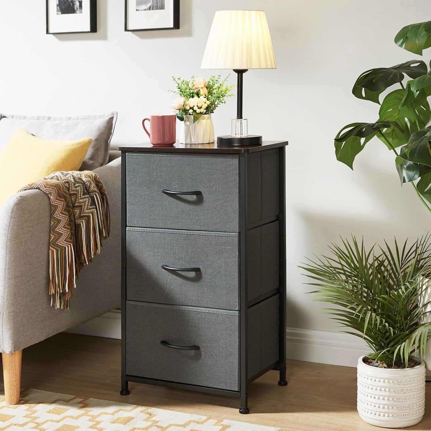 Nightstand with 3 Drawers, Small Dresser for Bedroom, Bedside Table Night Stand End Table with Fabric Bins for Bedroom Closet Dorm Kids Room, Charcoal Grey