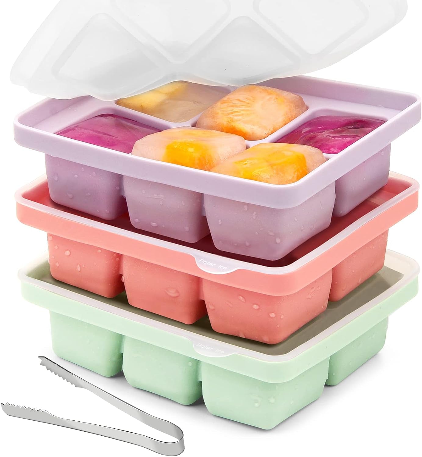 Silicone Ice Cube Tray Set with Lid and Tongs, 3-Pack Large BPA-Free Molds, Flexible Stackable Freezer Containers