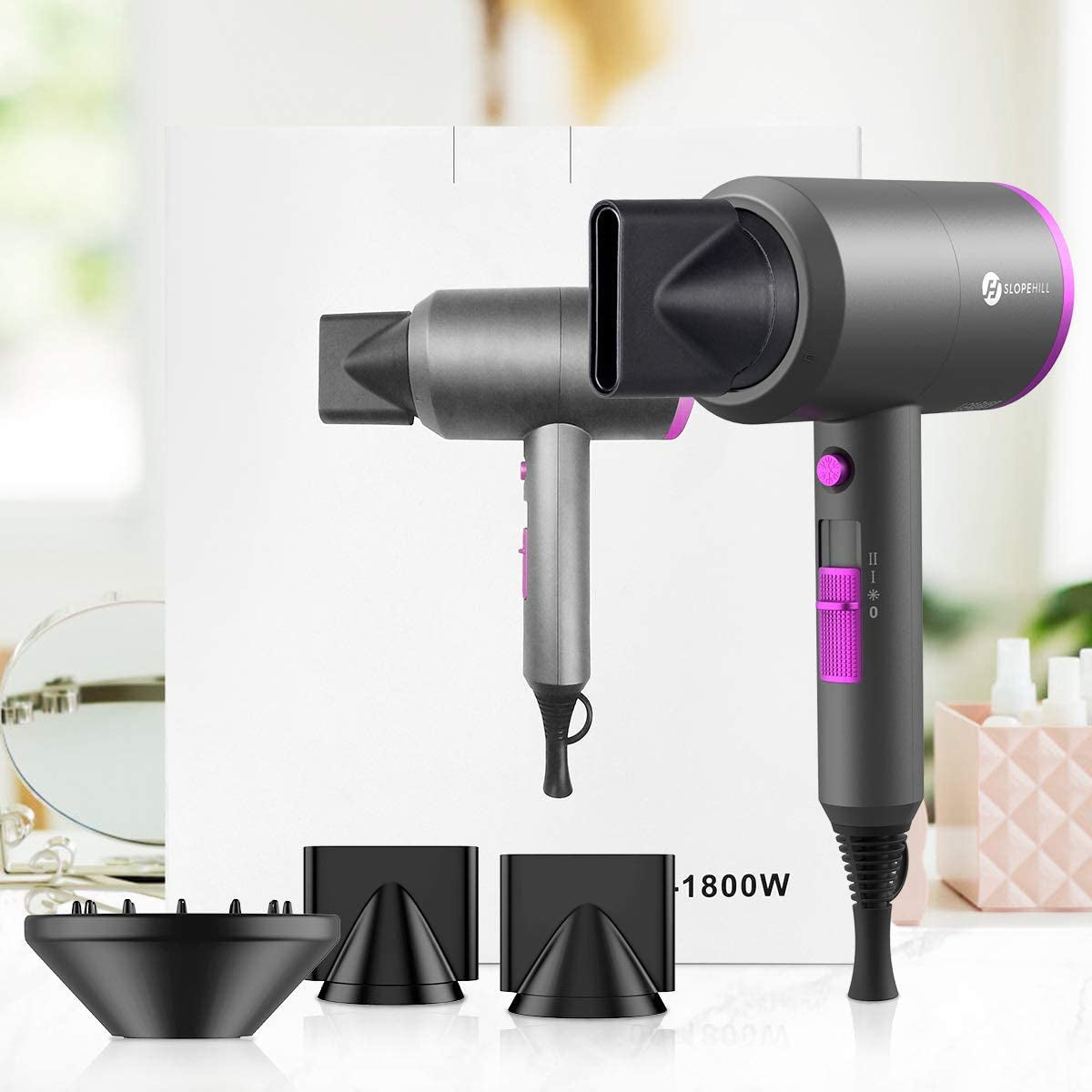 Ionic Hair Dryer - 1800W Professional Fast-Drying Blow Dryer with Low Noise, 2 Concentrator Nozzles, and 1 Diffuser Attachment