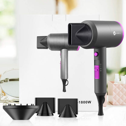 Ionic Hair Dryer - 1800W Professional Fast-Drying Blow Dryer with Low Noise, 2 Concentrator Nozzles, and 1 Diffuser Attachment