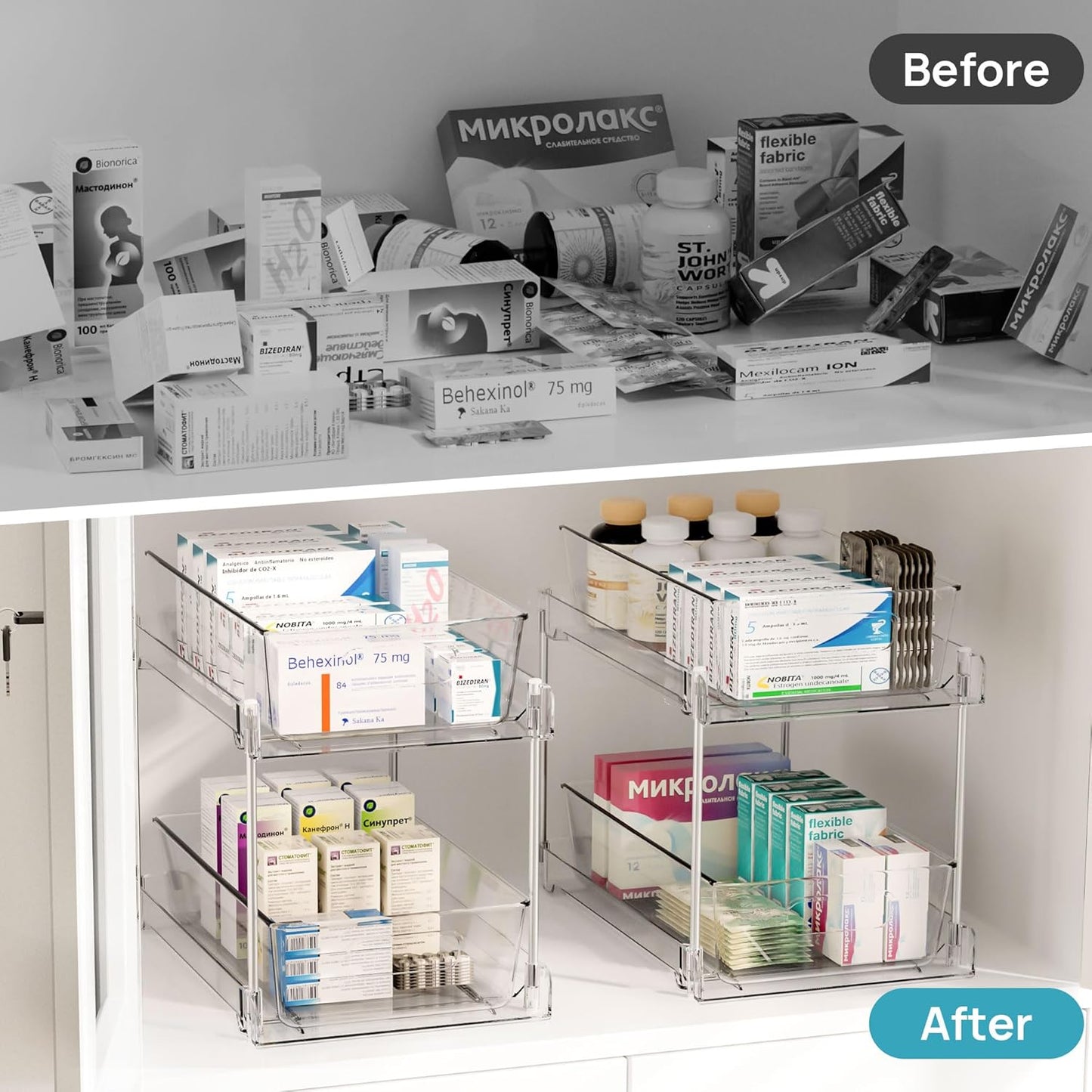 2-Tier Clear Bathroom Storage Organizer Set - Under-Sink and Vanity Counter Containers with Pull-Out Track System