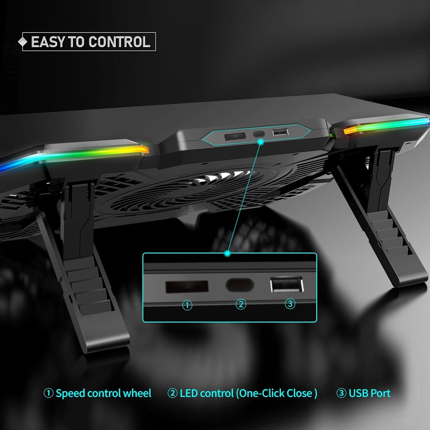 Laptop Cooling Pad for Gaming, Featuring 5 Silent Fans and LED Lighting, Compatible with 12-17 Inch Laptops, 7 Adjustable Height Settings
