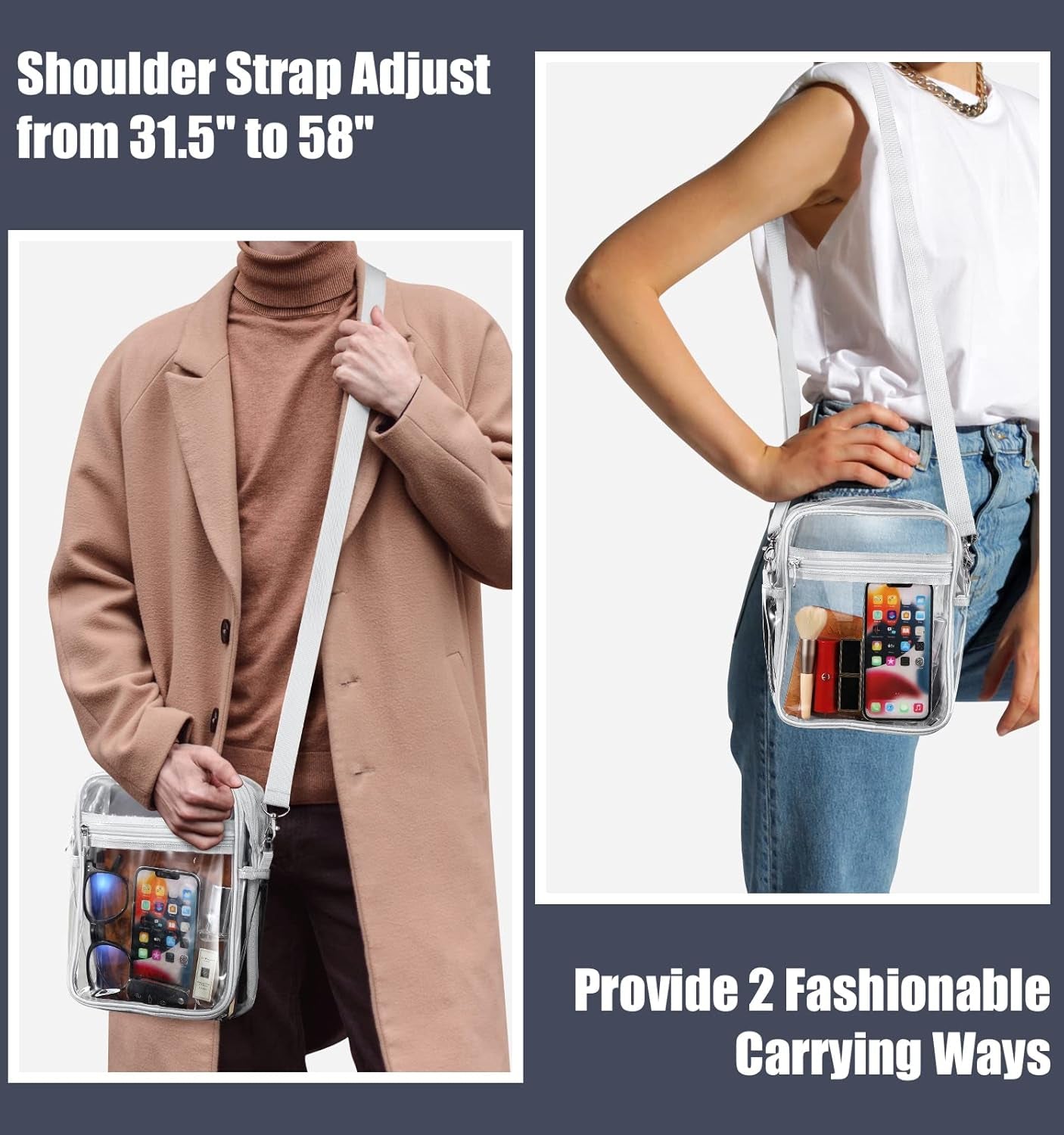 Clear Stadium-Approved Crossbody Bag with Adjustable Strap for Concerts, Festivals, and Sporting Events