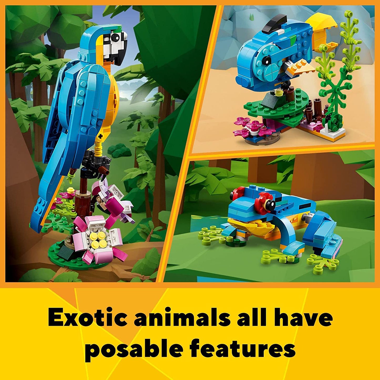 Creator 3-in-1 Exotic Parrot Building Toy Set-Transforms into Parrot, Fish, and Frog Figures, Ideal Creative Toy Ages 7+ 