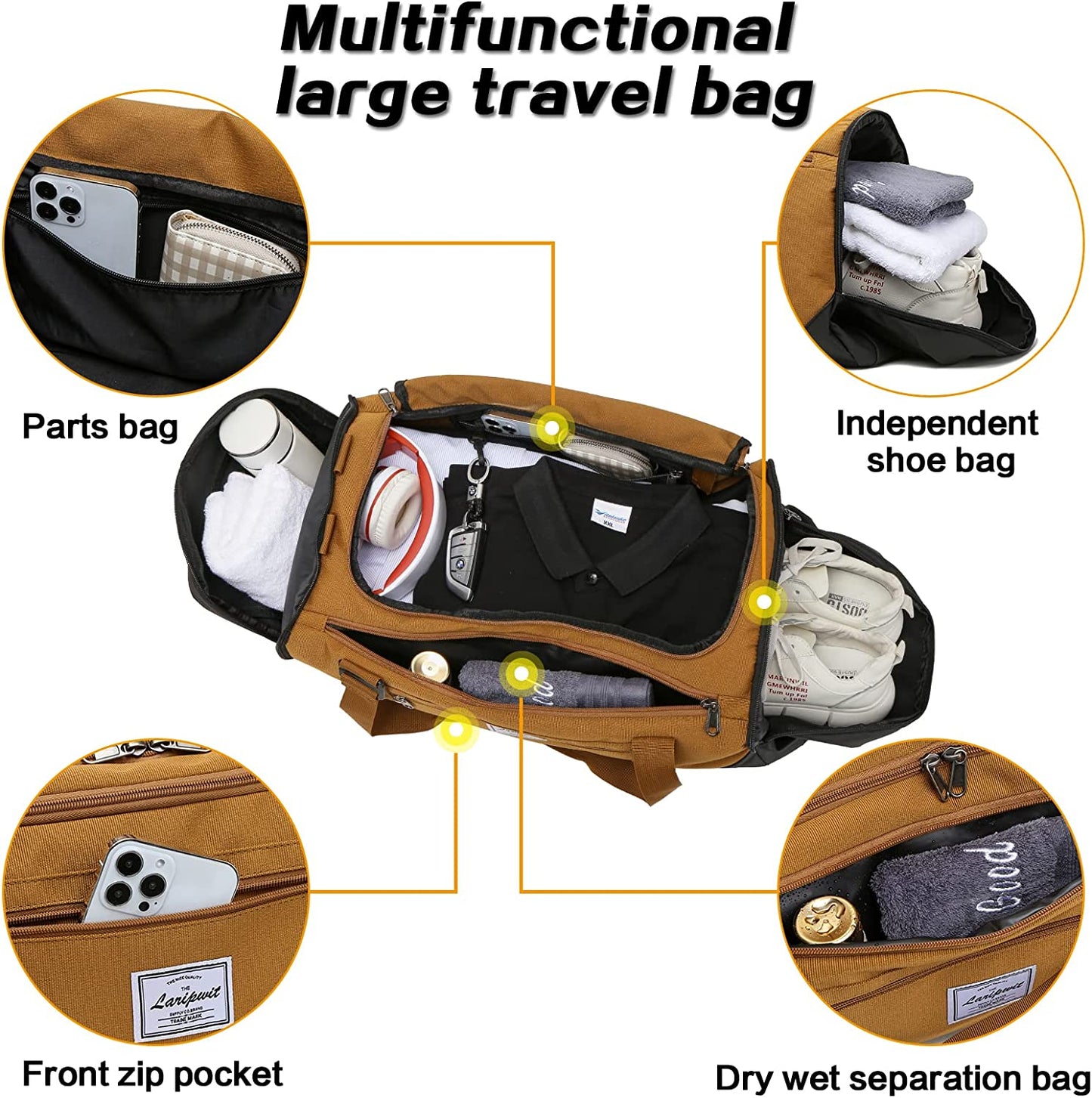 Men's 40L Travel Duffle Bag with Wet Pocket and Shoe Compartment - Versatile Weekender Backpack for Travel, Khaki