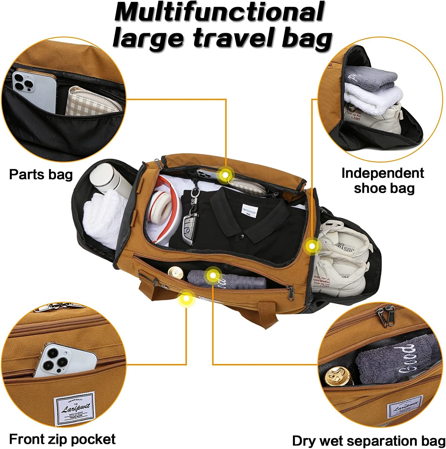 Men's 40L Travel Duffle Bag with Wet Pocket and Shoe Compartment - Versatile Weekender Backpack for Travel, Khaki