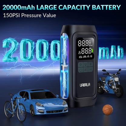 Portable Tire Inflator - Air Compressor, 150 PSI, 20,000 mAh Cordless Design, Automatic Shut-Off, Digital Gauge - Cars, Motorcycles, Sports Equipment