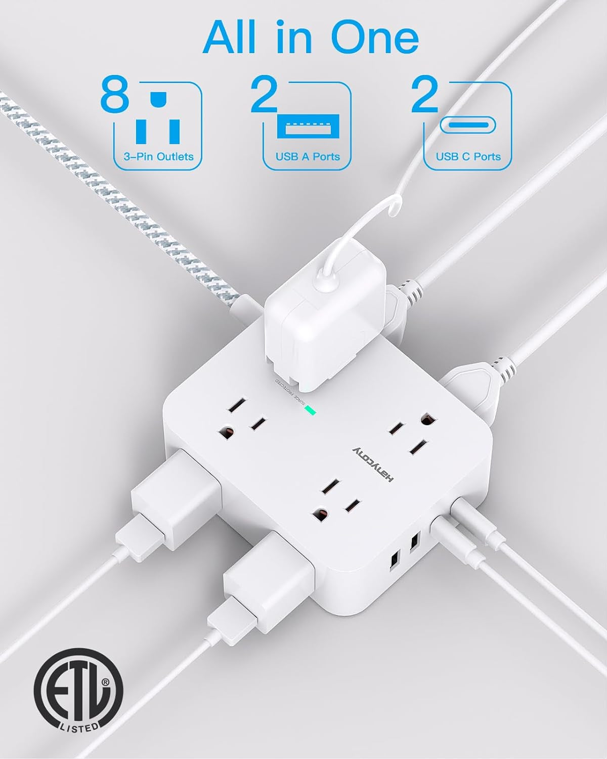 Surge Protector Power Strip with 8 Outlets and 4 USB Charging Ports (2 USB-C), 5Ft Braided Extension Cord, Flat Plug, Wall-Mountable USB-C Charging Station for Home and Office Use