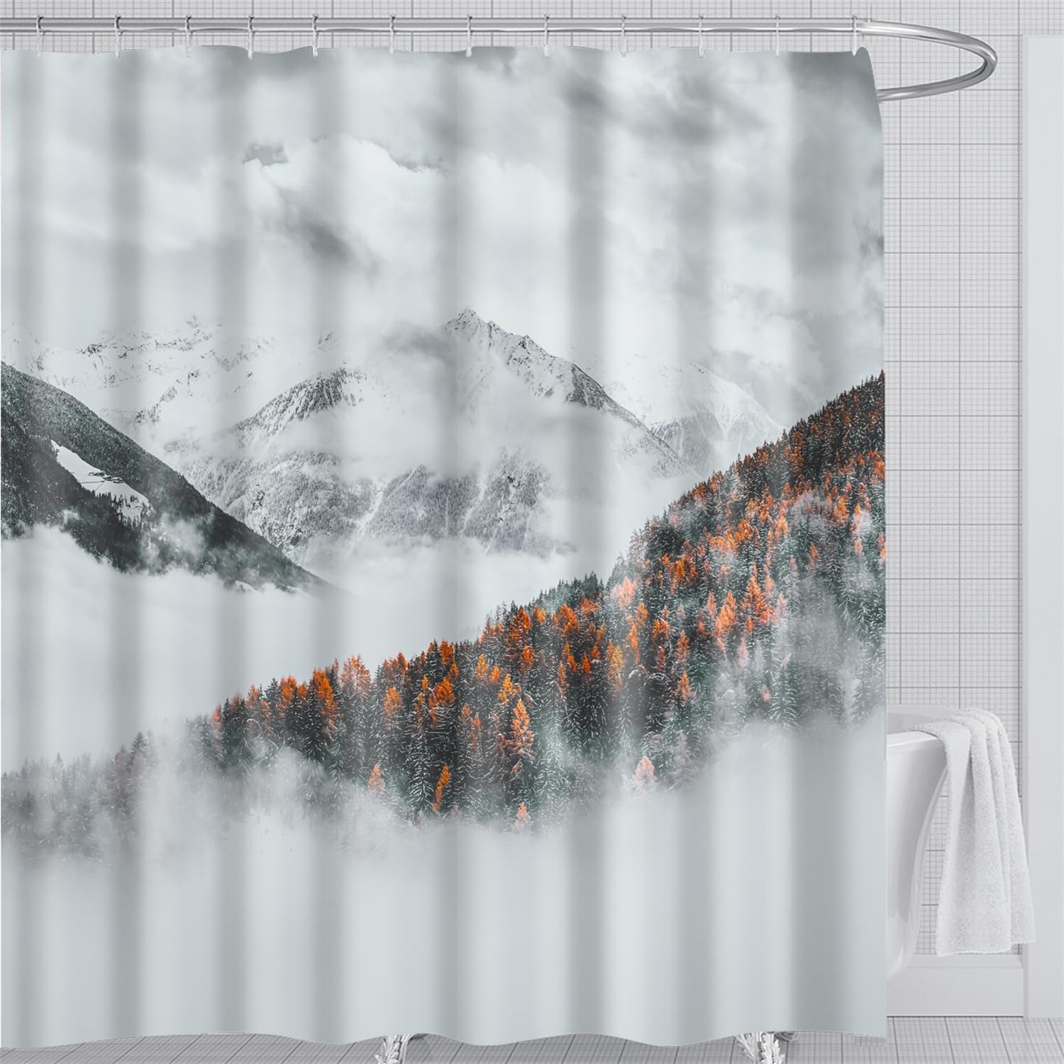 Waterproof Fabric Shower Curtain featuring Banff National Park Smoky Mountain Design, 12 Hooks, 71" x 71" (180 cm x 180 cm), Dark Gray
