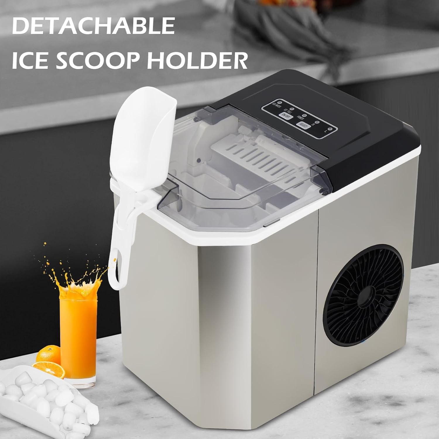 Portable Stainless Steel Countertop Ice Maker - Self-Cleaning, 26 lbs Daily Production, 9 Ice Cubes in 6 Minutes