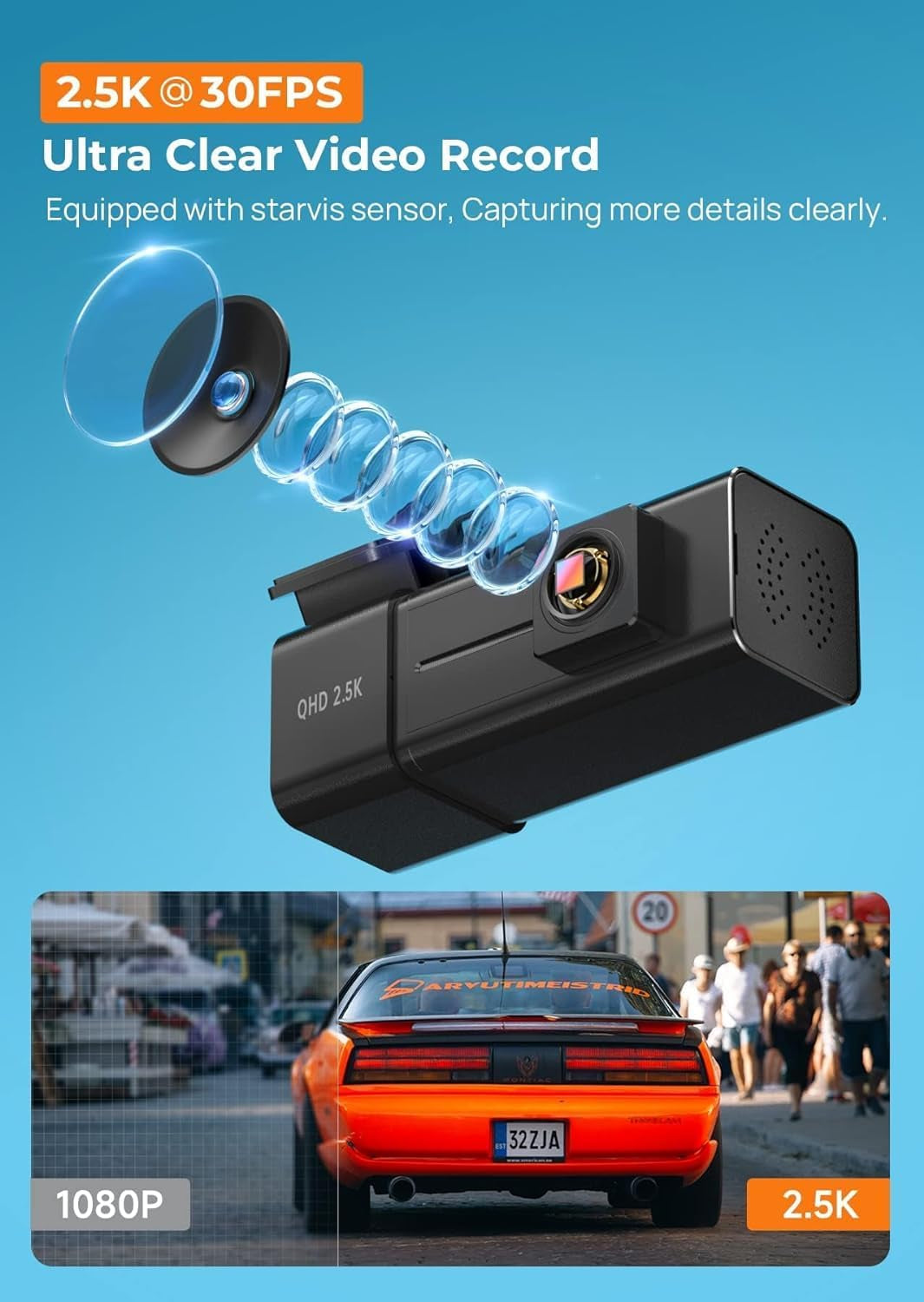 2.5K WiFi Dash Cam with Night Vision, G-Sensor, Loop Recording, and 24-Hour Parking Mode - Includes Free 32GB SD Card, Up to 256GB