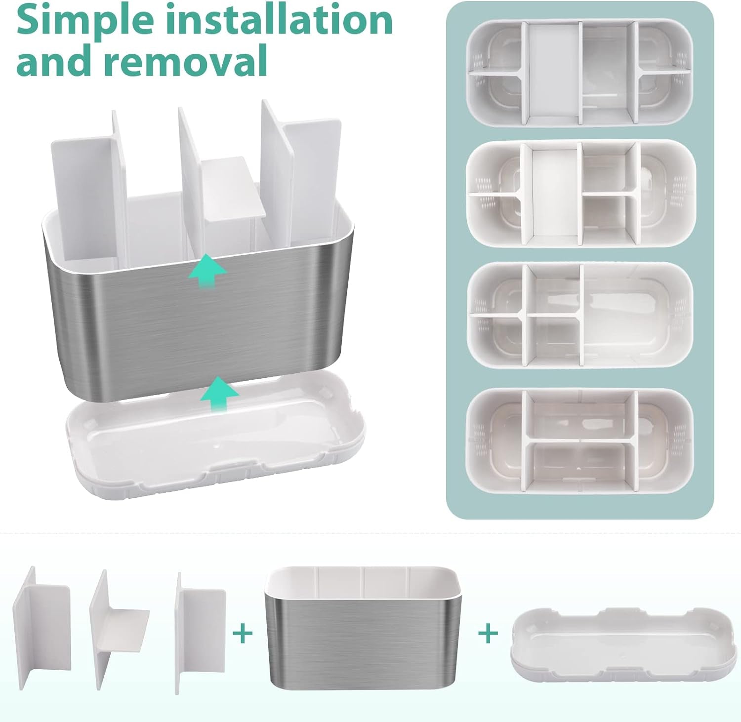 Brushed Nickel Toothbrush and Toothpaste Organizer Caddy with Adjustable Dividers for Bathroom and Kitchen Storage (Silver)