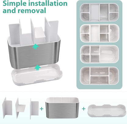 Brushed Nickel Toothbrush and Toothpaste Organizer Caddy with Adjustable Dividers for Bathroom and Kitchen Storage (Silver)
