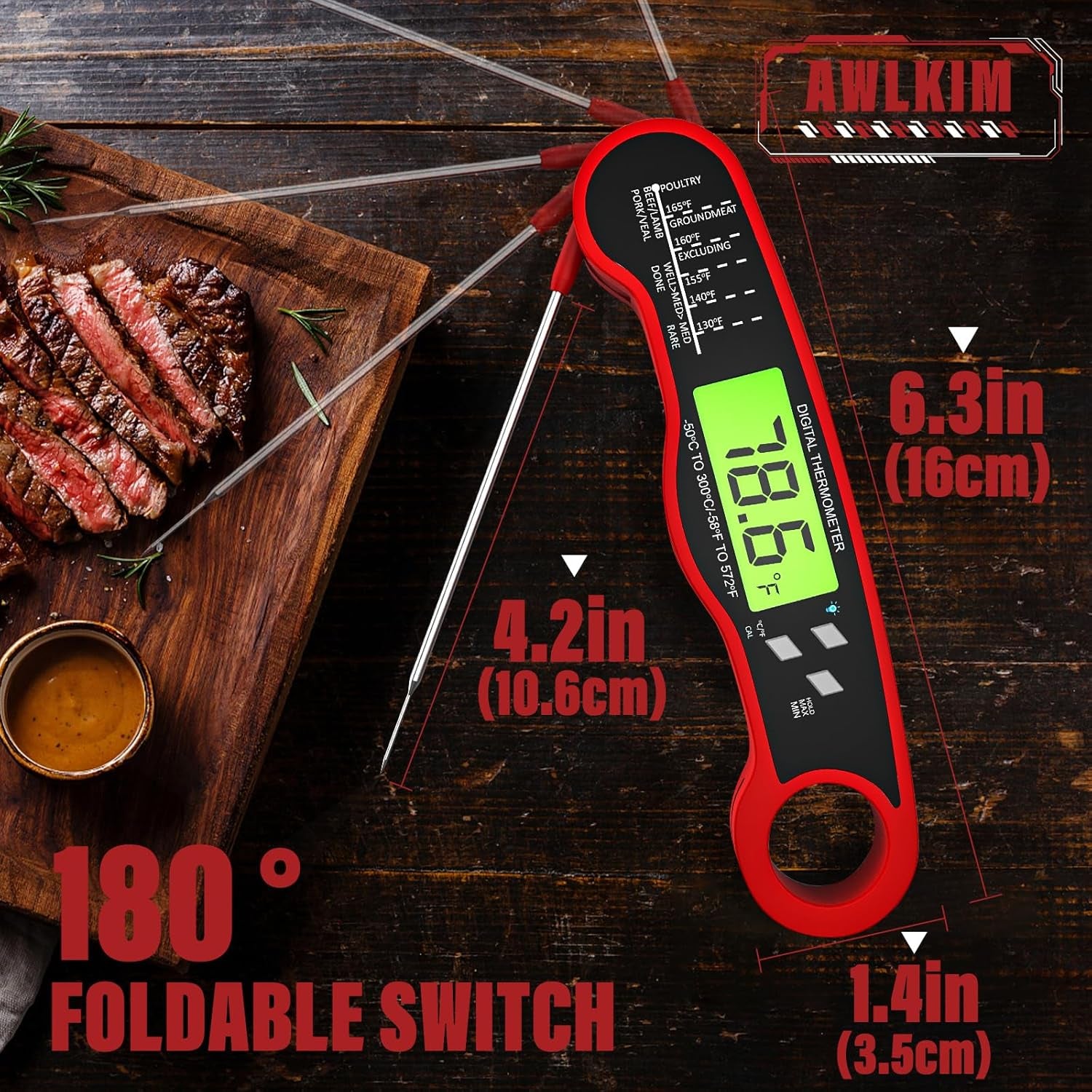 Digital Meat Thermometer - Instant Read Food Thermometer - Waterproof, Backlit Display, and Hold Function - Red