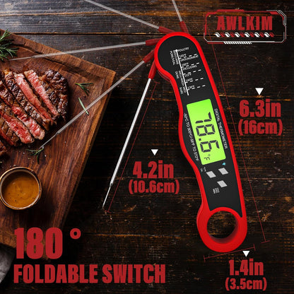 Digital Meat Thermometer - Instant Read Food Thermometer - Waterproof, Backlit Display, and Hold Function - Red