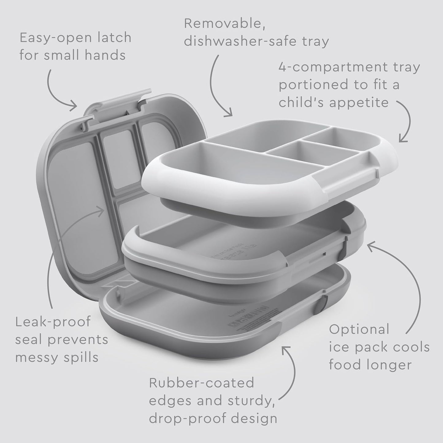 Children's Leak-Proof Lunch Box with Reusable Ice Pack - 4-Compartment Bento Container, Microwave & Dishwasher Safe, 2-Year Warranty (Gray)