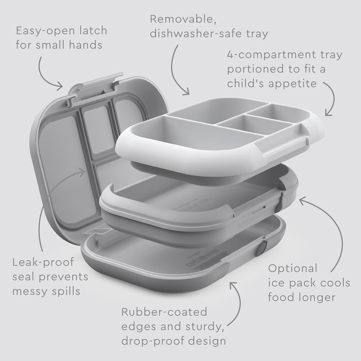 Children's Leak-Proof Lunch Box with Reusable Ice Pack - 4-Compartment Bento Container, Microwave & Dishwasher Safe, 2-Year Warranty (Gray)