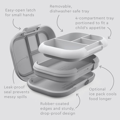 Children's Leak-Proof Lunch Box with Reusable Ice Pack - 4-Compartment Bento Container, Microwave & Dishwasher Safe, 2-Year Warranty (Gray)