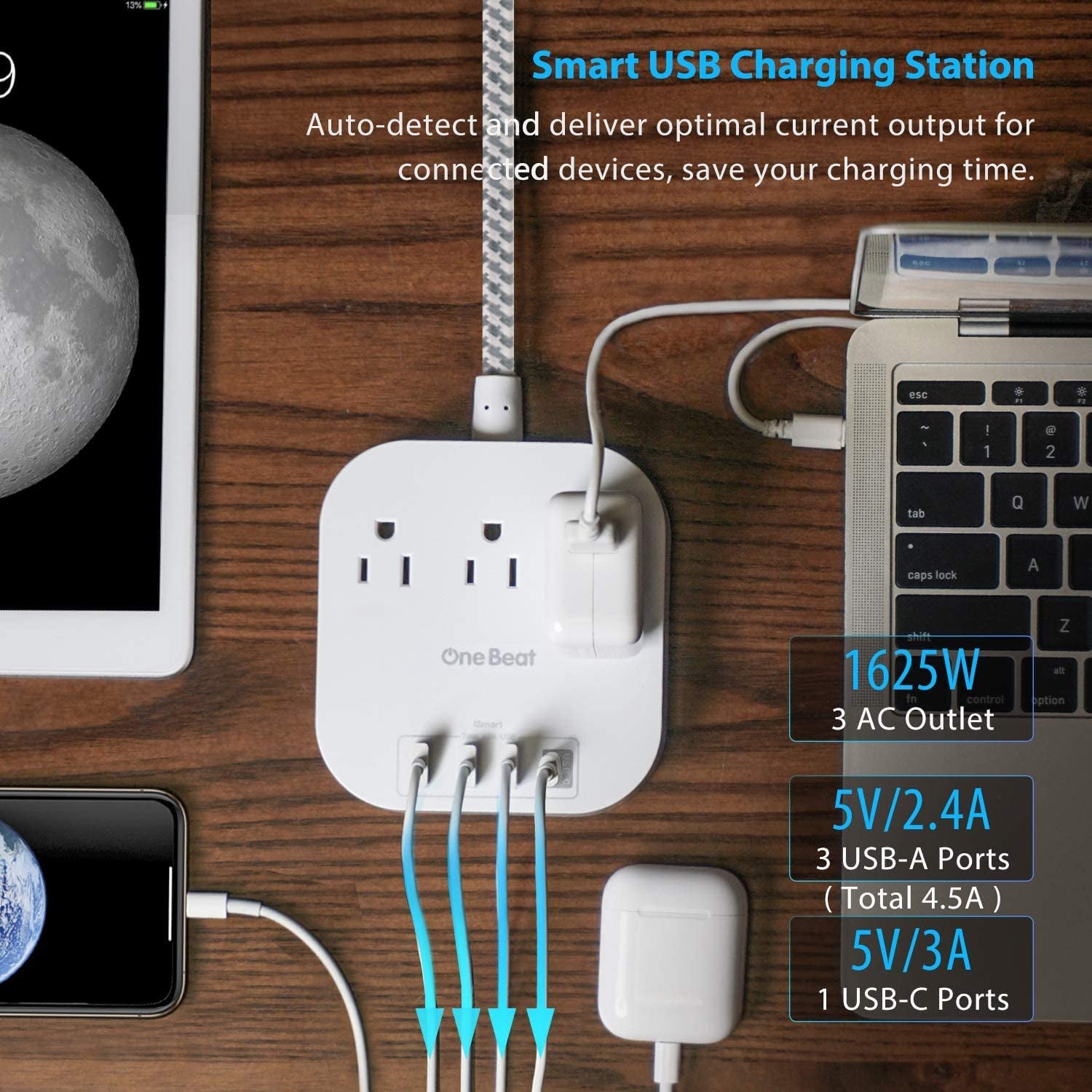 Power Bar Power Strip with USB-C, 3 Outlets and 4 USB Ports, Flat Plug Braided Extension Cord, Non-Surge Protector for Travel and Cruise Ships (5FT)