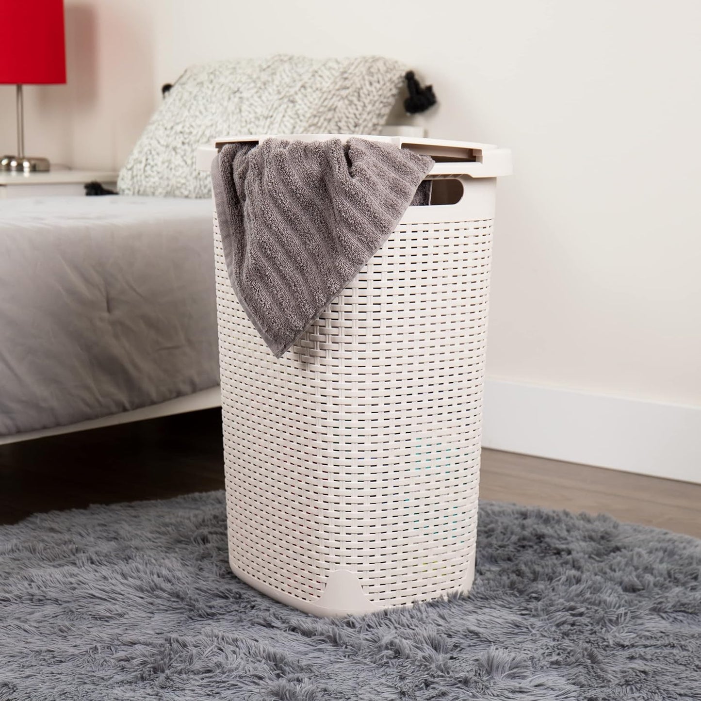 60L Slim Laundry Hamper - Lid, Wicker Design, Plastic Construction, Dimensions: 44.8L x 34.9W x 61.3H cm, Ivory