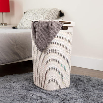 60L Slim Laundry Hamper - Lid, Wicker Design, Plastic Construction, Dimensions: 44.8L x 34.9W x 61.3H cm, Ivory