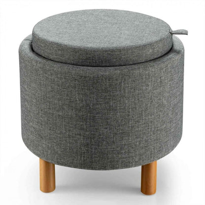 Round Fabric Storage Ottoman with Tray and Non-Slip Pads for Bedroom Organization